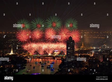 Beautiful Fireworks And Iconic Bangkok Landmarks Are Illuminated By