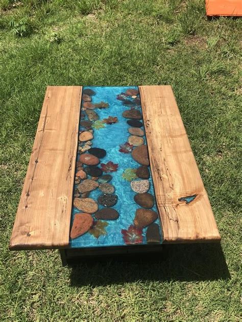 Live Edge River Table With Shelf Underneath With Stones And Etsy