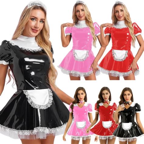 womens adult latex maid outfit halloween french maid costume cosplay apron dress 17 17 picclick