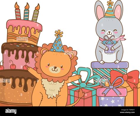 Cute Little Animals At Birthday Party Festive Scene Cartoon Vector