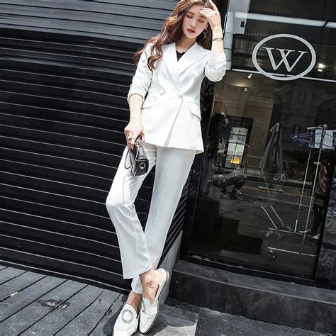 Classic Double Breasted White Women Pant Suits Notched Collar Blazer