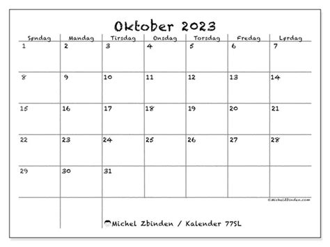 Kalender For Oktober 2023 For Utskrift “77sl” Michel Zbinden No