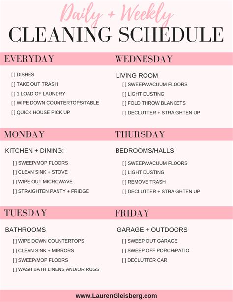 Daily House Cleaning Schedule Checklist Lauren Gleisberg