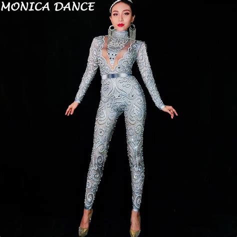 Sexy Silver Crystals Jumpsuit Long Sleeves Birthday Celebrate Outfit