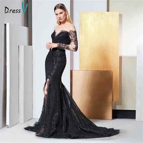 Dressv Black Elegant Long Sleeves Lace Evening Dress Sequins Floor