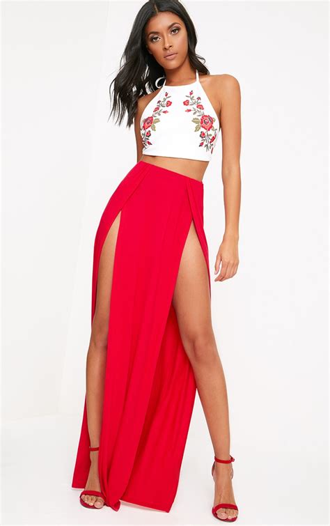 Red Double Split Maxi Skirt Prettylittlething