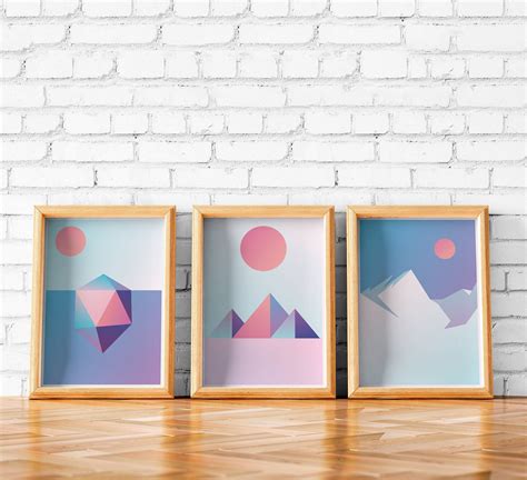 Set Of 3 Geometric Posters Blue Pink Wall Print Triangles Mountains