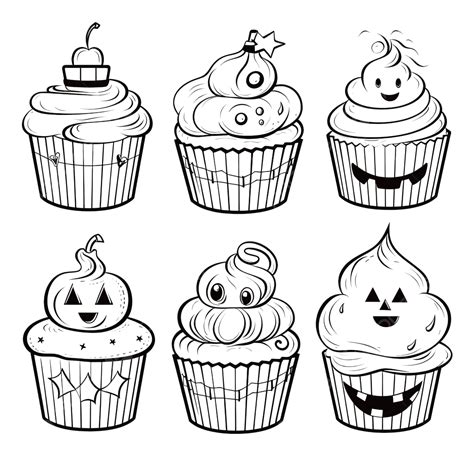 Outlines Halloween Cupcakes Hand Drawn Black And White Line Art Doodle