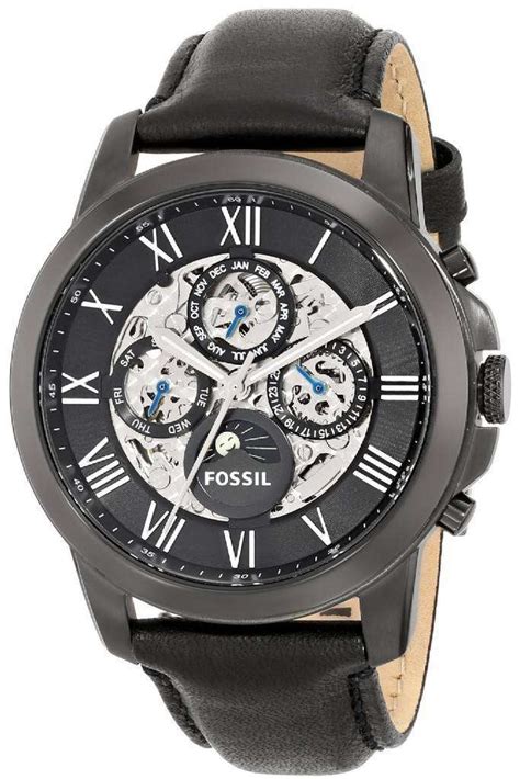 Fossil Grant Automatic Black Skeleton Dial Black Leather Me3028 Mens