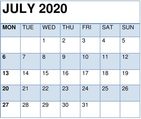 Cute July 2020 Calendar Printable Template For Kids And Students