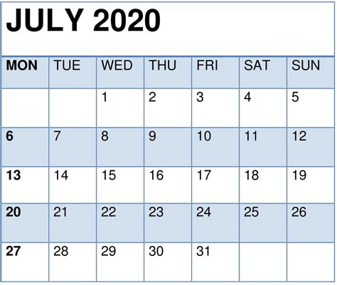 cute july 2020 calendar printable template for kids and