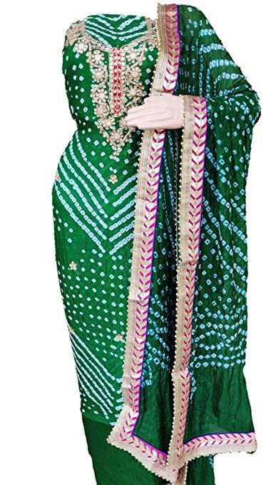 Buy Affan Creation Womens Bandhani Hand Work Dress Material Green At