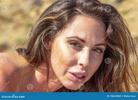 Lovely Brunette Bikini Model Relaxing On The Beach Stock Image Image Of Model Lovely 196239889