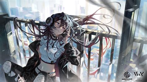 Anime Girls Original Characters Headphones Long Hair Dark Hair Blue