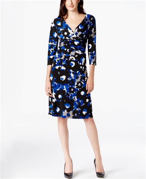 Lyst Nine West Three Quarter Sleeve Surplice Dress In Blue