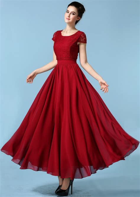 wine red short sleeve lace chiffon dress chiffon lace dress chiffon maxi dress fashion dresses