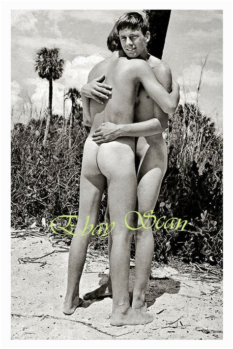 Vintage 1940s Photo Affectionate Young Nude Men Hug At