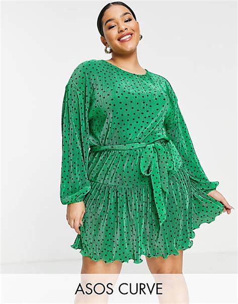 Asos Design Curve Plisse Mini Dress With Belt In Green And Black Spot