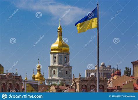Ukrainian Flag Cityscape Skyline Kiev Ukraine Landmark Stock Image