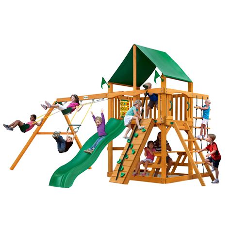 Gorilla Playsets Chateau Wooden Swing Set With Green Vinyl Canopy Rock