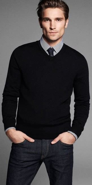 Black Jeans With Black V Neck Sweater Outfits For Men 17 Ideas