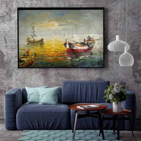 Seascape With Boats By Sunset Oil Painting On Canvas Warm Etsy Uk