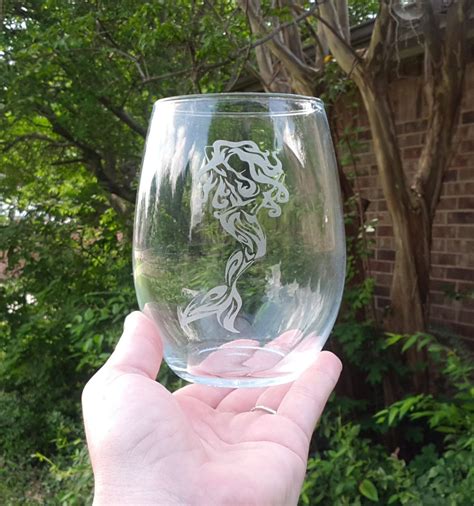 Mermaid Design Deep Etched Wine Glass Valentines T Etsy