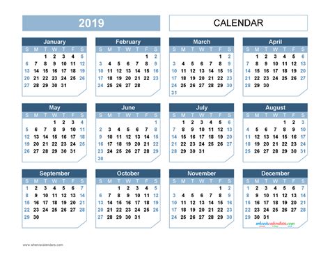 Printable 2019 Yearly Calendar Templates Us Edition 11 Templates Chamfer