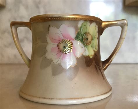 Antique 1915 Sugar Bowl Hand Painted Nippon Moriage Gold Beading Green