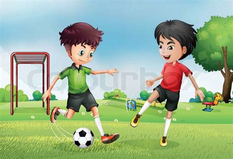 Illustration Of The Two Boys Playing Soccer Near The Park Stock