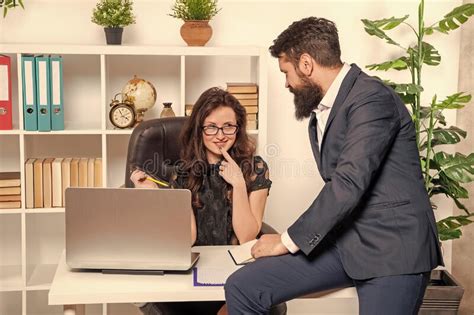 Keep Flirting At Work Happy Woman And Man Flirting In Office Office