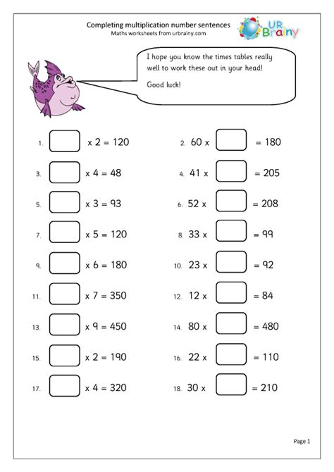 Complete Number Sentences Multiplication By