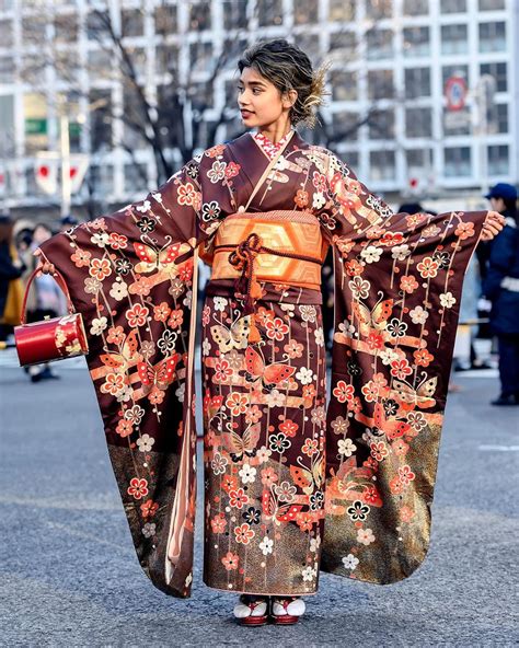 Tokyo Fashion Traditional Japanese Furisode Kimono On The Streets Of