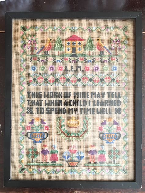 Vintage Cross Stitch Sampler Wall Hanging Embroidered Wall Art By