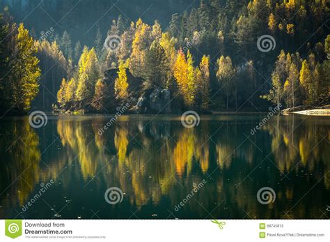 Autumn Trees Reflected On Lake Stock Image Image Of Green Birch