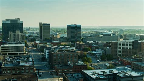 Aerial View Of Downtown Omaha Nebraska On A Hazy Morning Stock Photo