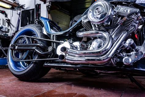 Detail On A Modern Motorcycle In The Workshope Motorcycle Exhaust Stock Photo Image Of Black