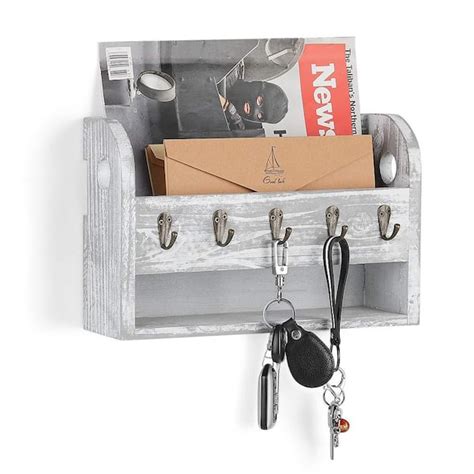 Oumilen Rustic White Mail And Key Holder For Wall With 5 Key Hooks
