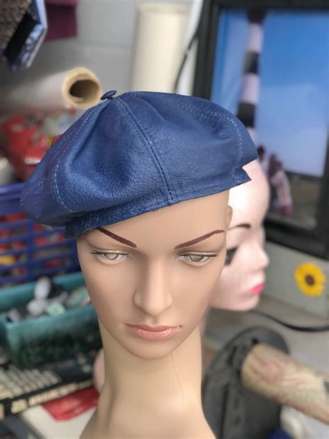blue leather beret hat vintage unisex retro tam french style cap