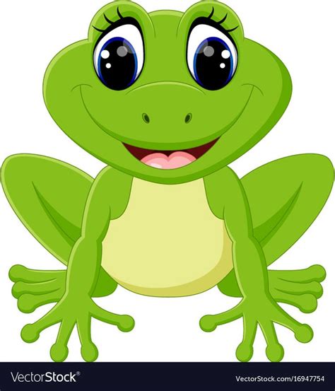 Cartoon Green Frog With Big Eyes Sitting On The Ground Smiling And