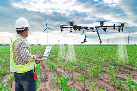 Technician Farmer Use Wifi Computer Control Agriculture Drone Stock