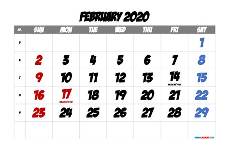 February 2020 Printable Calendar With Holidays 6 Templates
