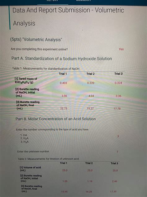 Solved Data And Report Submission Volumetric Analysis Chegg Com