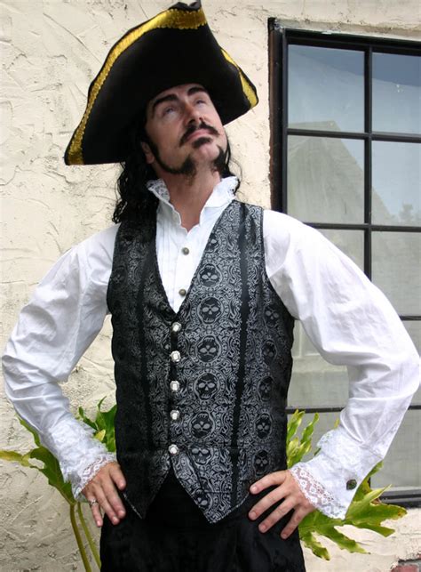 Black And Silver Jolly Roger Skull Silk Brocade Pirate Vest Etsy