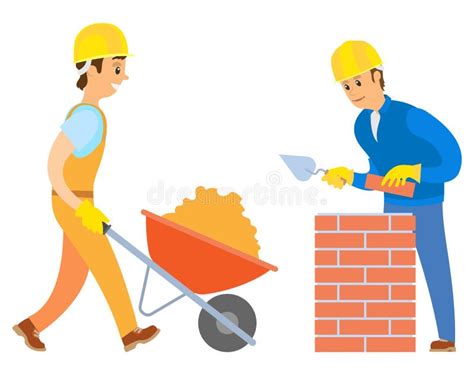 Builder And Helper With Building Material Set Stock Vector
