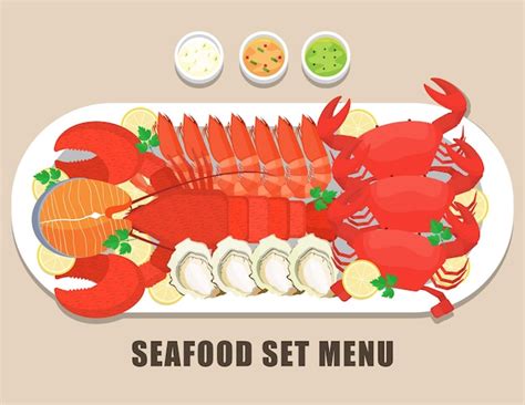 Ilustração de prato de frutos do mar misturados cozidos na vista de mesa Vetor Premium
