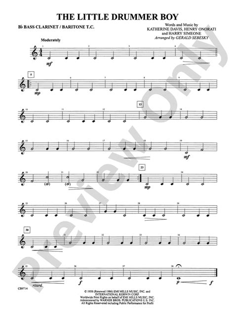 The Little Drummer Boy B Flat Bass Clarinet B Flat Bass Clarinet Part Digital Sheet Music