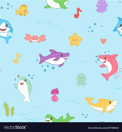 Kawaii Shark Seamless Pattern Cute Funny Fish Nautical Background With