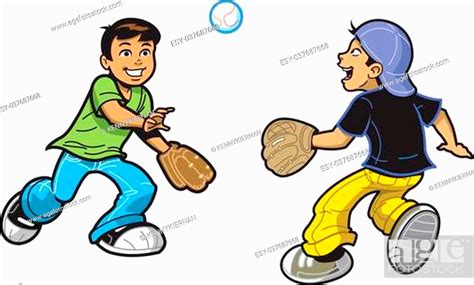 Two Happy Boys Playing Catch With Baseball And Baseball Gloves Stock