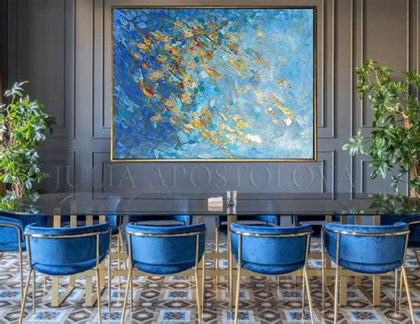 Blue Gold Wall Art Gold Leaf Painting Large Wall Art Etsy Blue